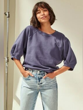 AMO Short Sleeve Sweatshirt Puff Sleeve Navy Blue Moon Size XS New